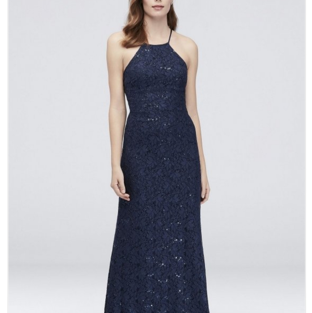 David's Bridal sequins lace sheath dress Navy